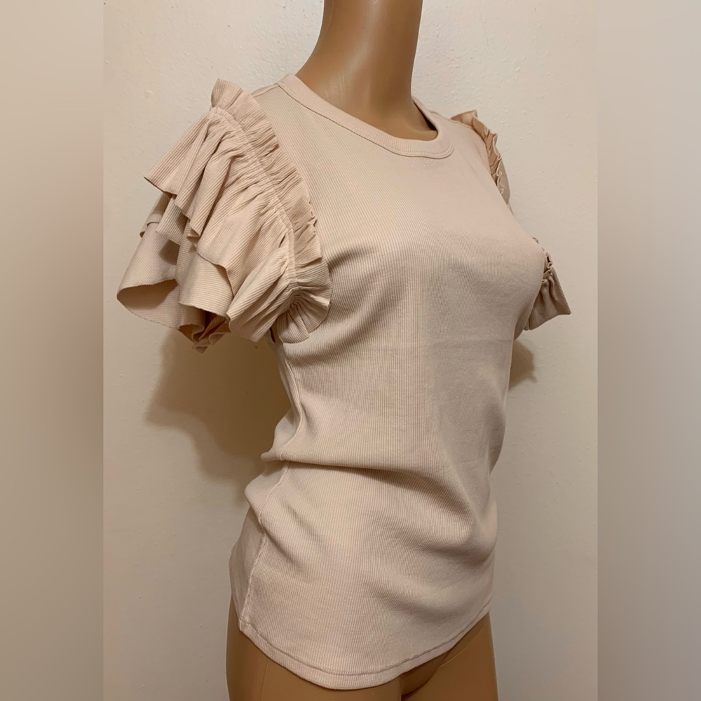 NWT EXPRESS Soft Pink Ribbed Ruffle Short Sleeve Crewneck Top Women’s M
